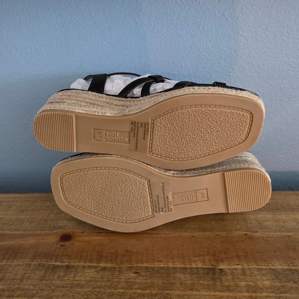 White‎ Mountain Womens Swayze Espadrille Wedge Sandal Black Strappy Buckle 6.5